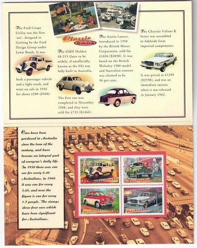 PAQUETE DE ESTAMPILLAS DE AUTOS CLÁSICOS AUSTRALIANA 1997 - Paquete de presentación estampillas como nuevas - Imagen 2 de 2