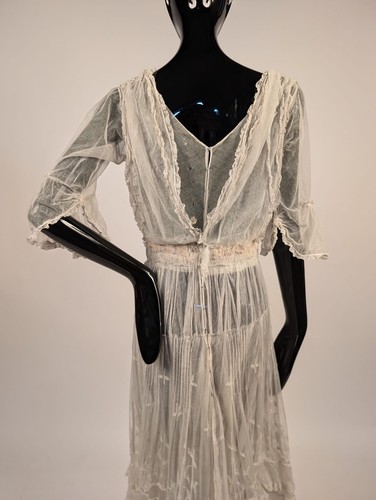 ROMANTIC EDWARDIAN COTTON ORGANDY + NET DRESS W UNUSUAL BAMBOO FLORAL PATTERN - Picture 6 of 8