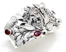 925 Sterling Silver Moonstone & Garnet Gemstone Jewelry Cuff Bracelet S-ADJ"
