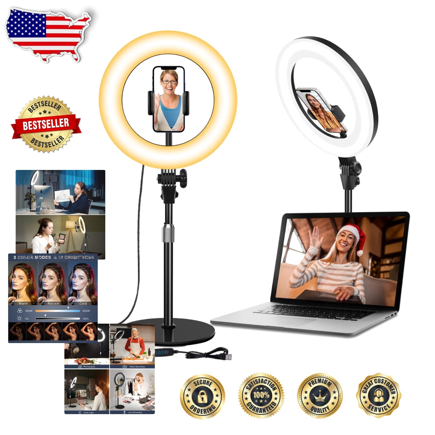 Dimmable 10.5'' Halo Light - Adjustable Desk Light for Video Calls & Streaming