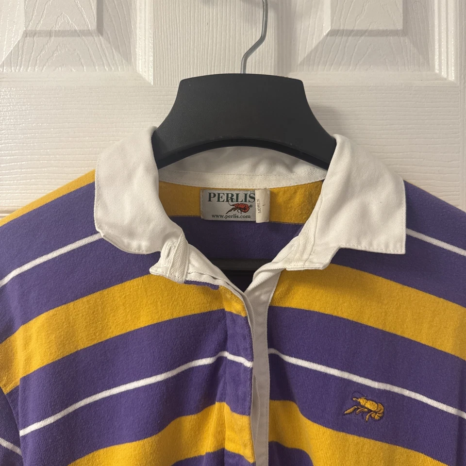 Perlis Crawfish Mardi Gras Rugby Style Womens LSU Striped Polo Dress Size Large - Image 2 of 4