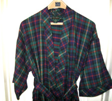VINTAGE SAVILE ROW ROBE MENS ONE SIZE GREEN NAVY COTTON FLANNEL PLAID BELT EUC