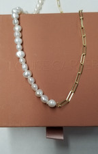 Louise Carter 18K Gold Plated Paper Clip Faux Pearl Necklace 15"+2"