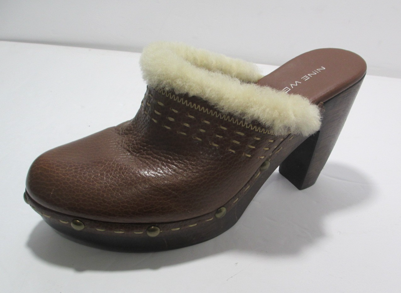 SAOLA Zoccoli Nine West Sherpa Mules donna 7 5M pelle marrone suola legno