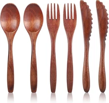 6 Pcs Wooden Utensils for Eating, Wooden Spoon Fork Cutlery Set Kitchen Wood Din