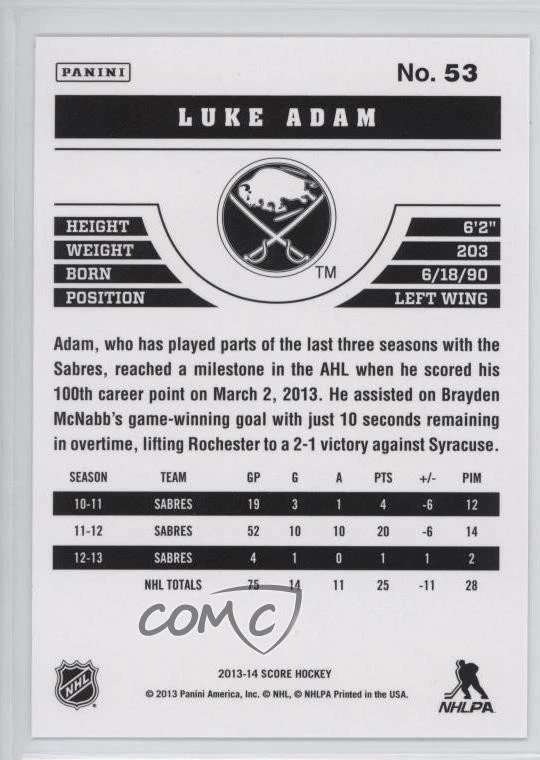 2013-14 Score Luke Adam #53 - Image 2 of 2