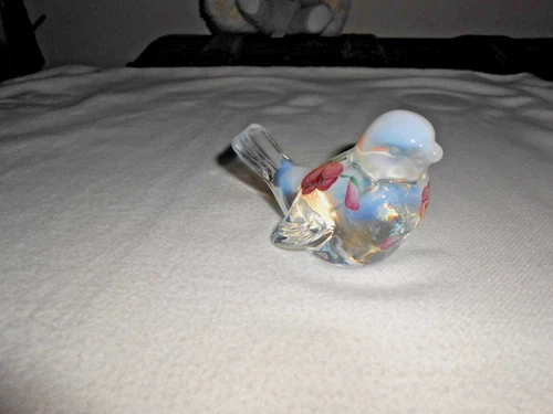 Fenton Art Glass Blue Opal Iridescent Bird Figurine Hand Painted Signed
