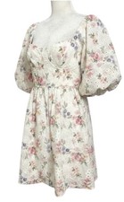 Lulus Floral Eyelet Majorly Adorable Puff Sleeve Babydoll Mini Dress XS Cottage
