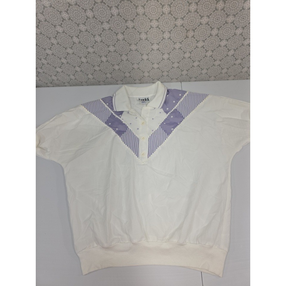 Vintage Teddi Petite Collared Top Purple & White Geometric Short Sleeve Sz PL