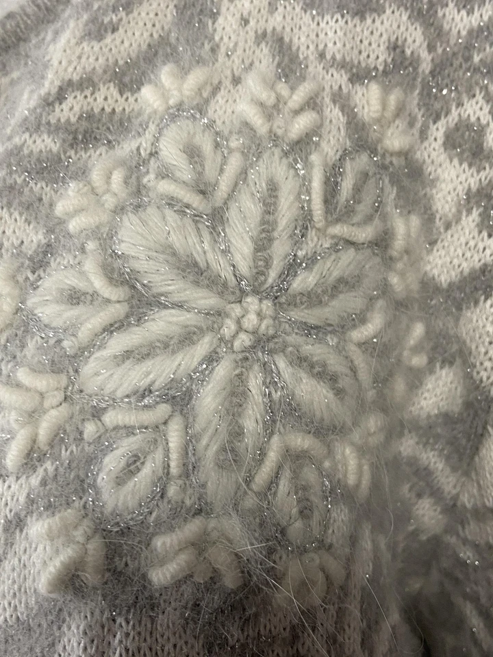 Suéter Coldwater Creek Mujer Grande Gris Blanco Copo de Nieve Mezcla de Lana Bordado Foto 4 de 4