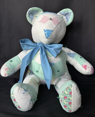 Handmade Quilted Teddy Bear Multicolor Patchwork Pink Blue Bow Cottagecore 21''