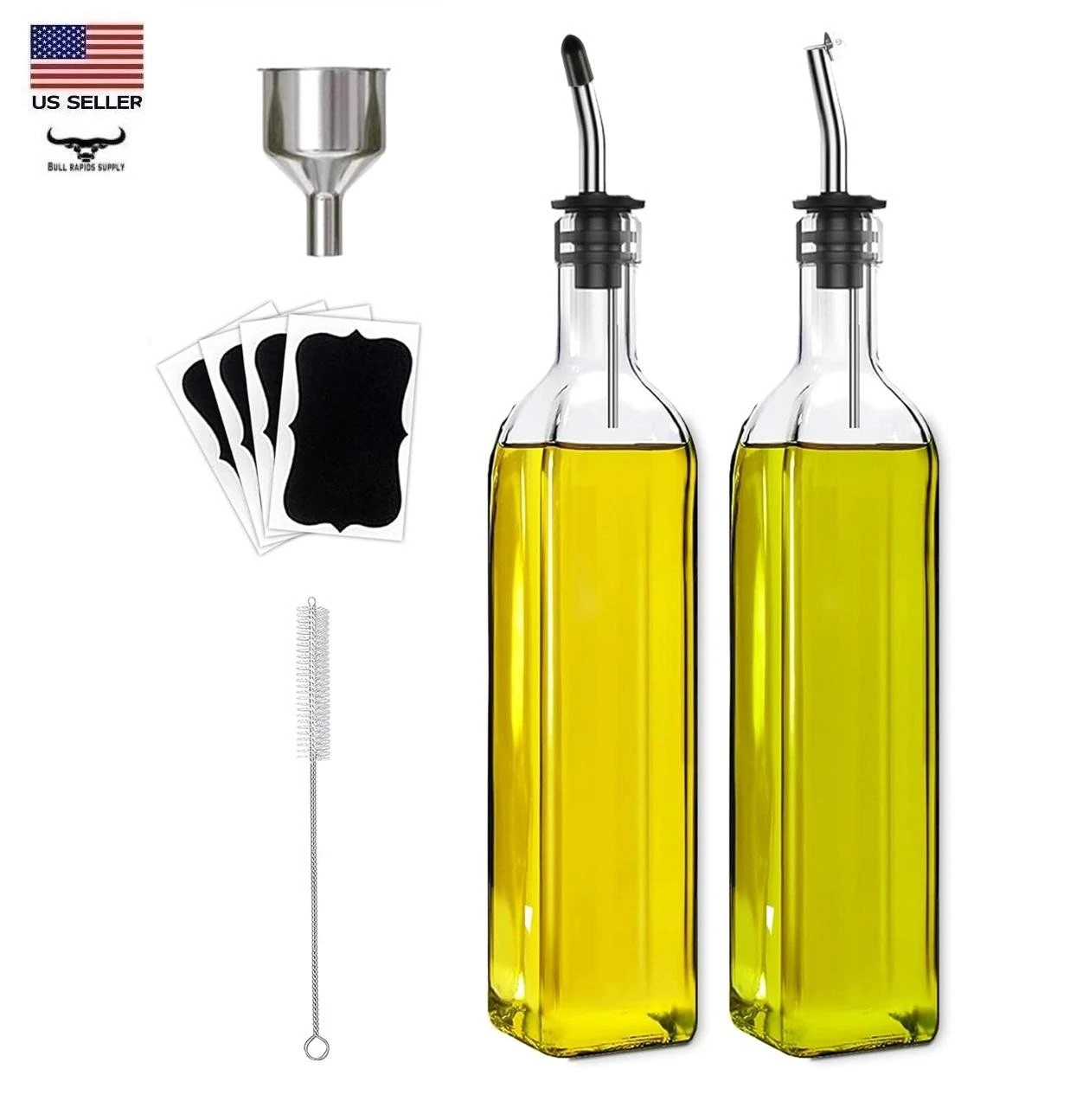 FineDine Olive Oil Dispenser Bottle Set 17oz Pouring Spouts, Funnel & Labels