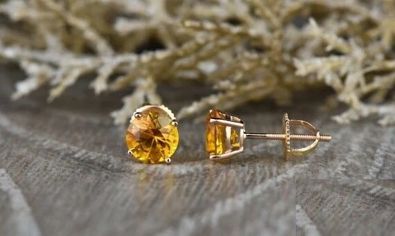 2ct Natural Round Yellow Citrine Screw Back Stud Earrings 14k Solid Rose Gold - Image 2 of 4