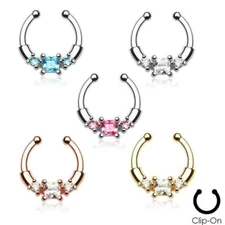 Non Piercing Fake Clip On Septum Clicker Hanger Nose Ring Square CZ