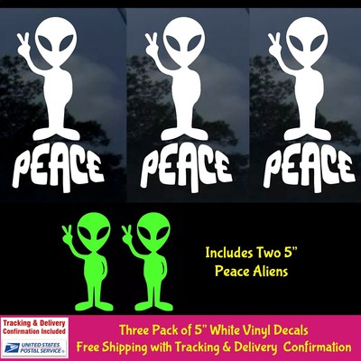 Alien Peace Three 5'' White Vinyl Decals Believe Flying Saucer UFO Rocket Space