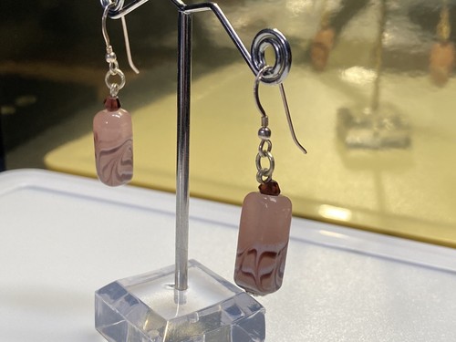 Vintage Sterling Silver 925 Earrings Dangle Drop Pink Beige Crystal - Picture 5 of 8