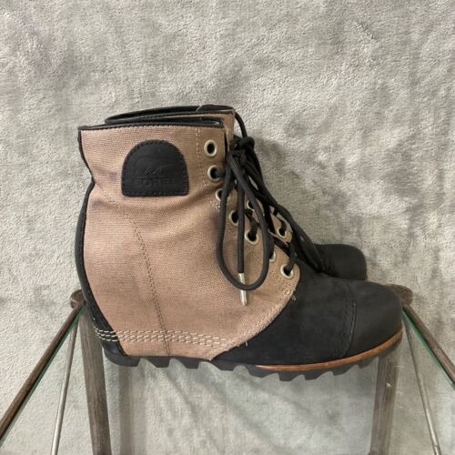 Sorel PDX Wedge Ankle Boots Canvas Leather Tan Black Size Women’s 8.5
