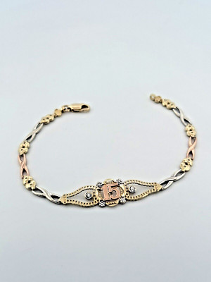Beautiful 14K Tri Color 15 Years ID Bracelet 7.5'' 6.1gr