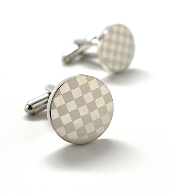 Laser Checkered Board Cufflinks Shinny Silver Matt Silver Laser Cut Design Round