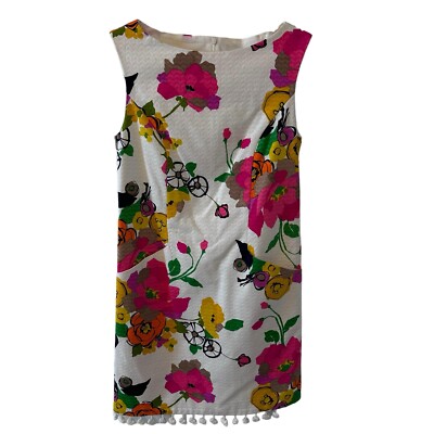 Trina Turk Size Floral White Multi Sheath Pom Pom Shift Summer