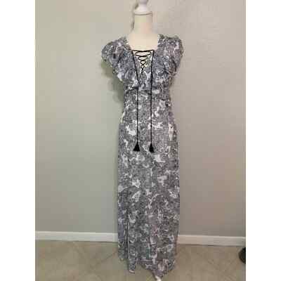 Belle Badgley Mischka Ruffle Blue White Paisley Print Maxi Dress