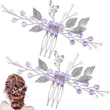 2PCS Leaf Hair Combs, Purple Rhinestone Hair Comb Clips, Hair purple,silver