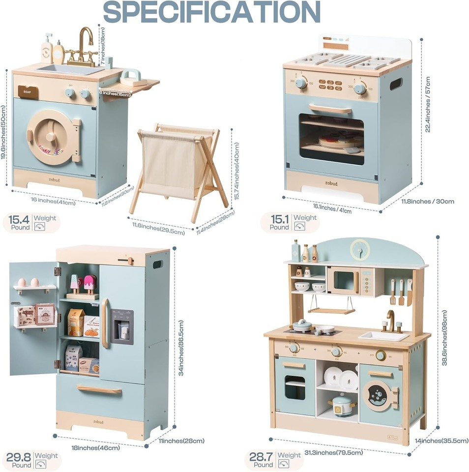 Robud Kids Cooking Pretend Play Kitchen Set with Sound Wooden Playset ...