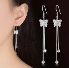 Women Dangle Drop Butterfly Ball Tassel Chain Stud Silver Plated Earrings TH5
