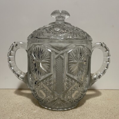 Vintage Cut Glass Lidded Sugar Bowl with Double Handles Unmarked