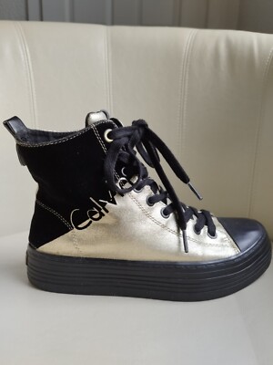 CALVIN KLEIN Jeans gold canvas/black velvet women's trainers UK