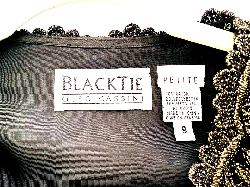 Vintage Black Tie Oleg Cassini Jacket Black Gold Metallic Lined Size 8 Petite - Image 3 of 4
