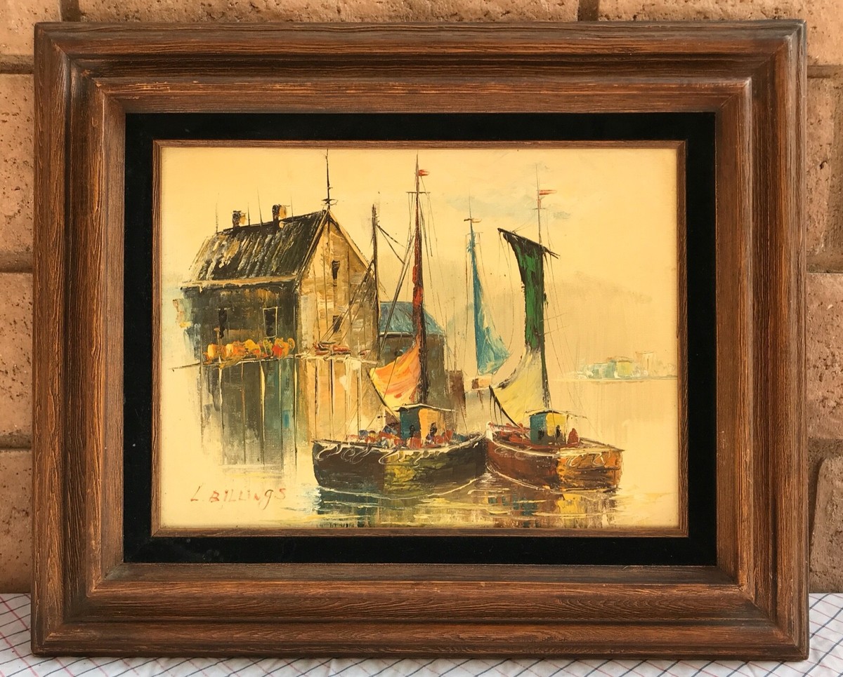 Oil Painting Signed by L. Billings Boats on Dock Hand