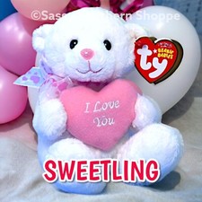 ♡ SWEETLING ♡ 2007 Ty Beanie Babies White BEAR w/ "I Love You" Pink Heart *MWMT*