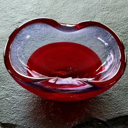 Murano Sommerso Red Base  Neodymium Art Glass Bowl Dish Italy MCM Vintage
