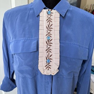 Vintage 1970s Button Collar Ruffle Accessory Brown Striped Pleated Embroidered