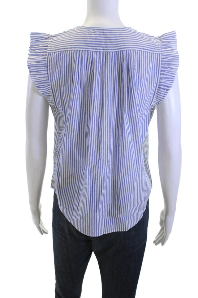 Blusa de algodón a rayas con cuello en V azul con marco para mujer talla XS Foto 3 de 4