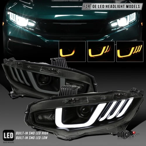 Fit 2016-2021 Honda Civic Black Smoke Full LED Projector Headlights Sequential