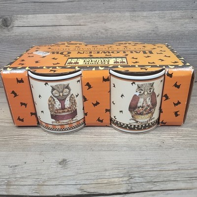 4 Debbie Mumm Halloween Stoneware Mugs Cats & Owls Cottage Patchwork Sakura