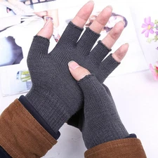 Winter Warm Knitted Half Finger Gloves Unisex Women Men's Solid Black Gray Finge