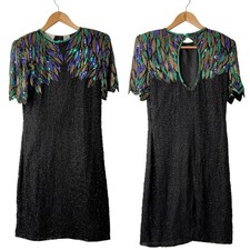 VTG 80s Laurence Kazar Silk Beaded Sequin Dress S Petite Peacock Formal Party