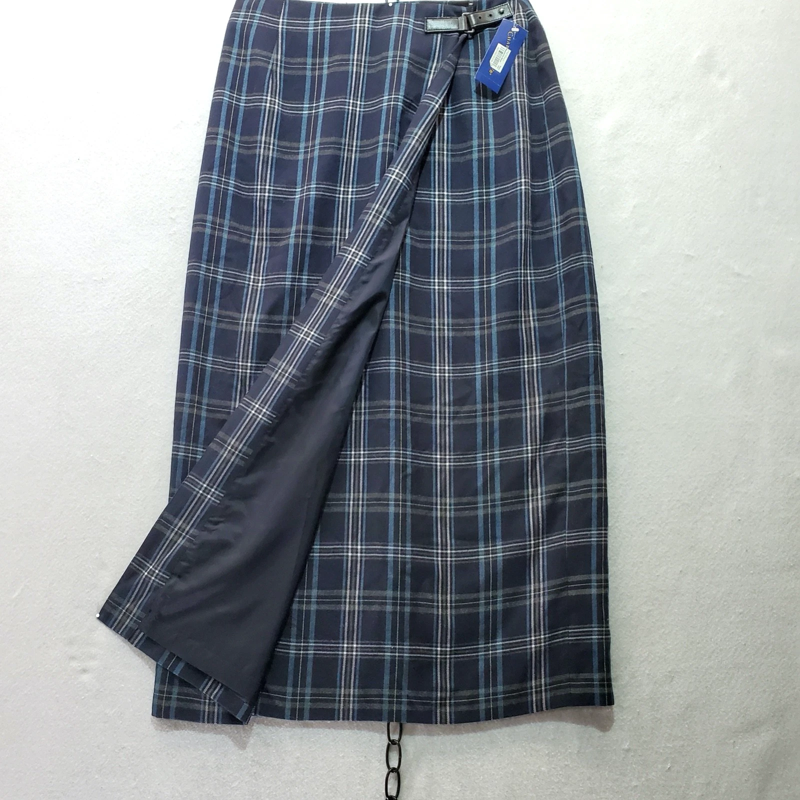 NOS 90s Charter Club Dark Navy Tartan Midi Skirt Waist Lined Buckle Sz10