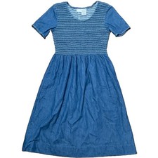 Vintage 90s Bobbie Brooks Cotton Denim Blue Midi Dress Smocked 4/6 Small
