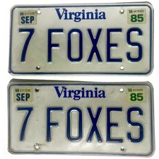 Virginia State License Plates 7 Foxes 1985 Front and Rear