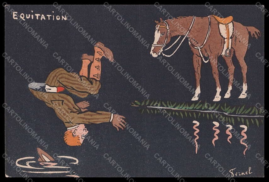 Cartolina Artista Firmata Fernel Cavallo Equitazione Uomo Sport Fumetto VK8077