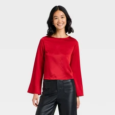 Women's Long Sleeve Satin Blouse - A New Day Red S