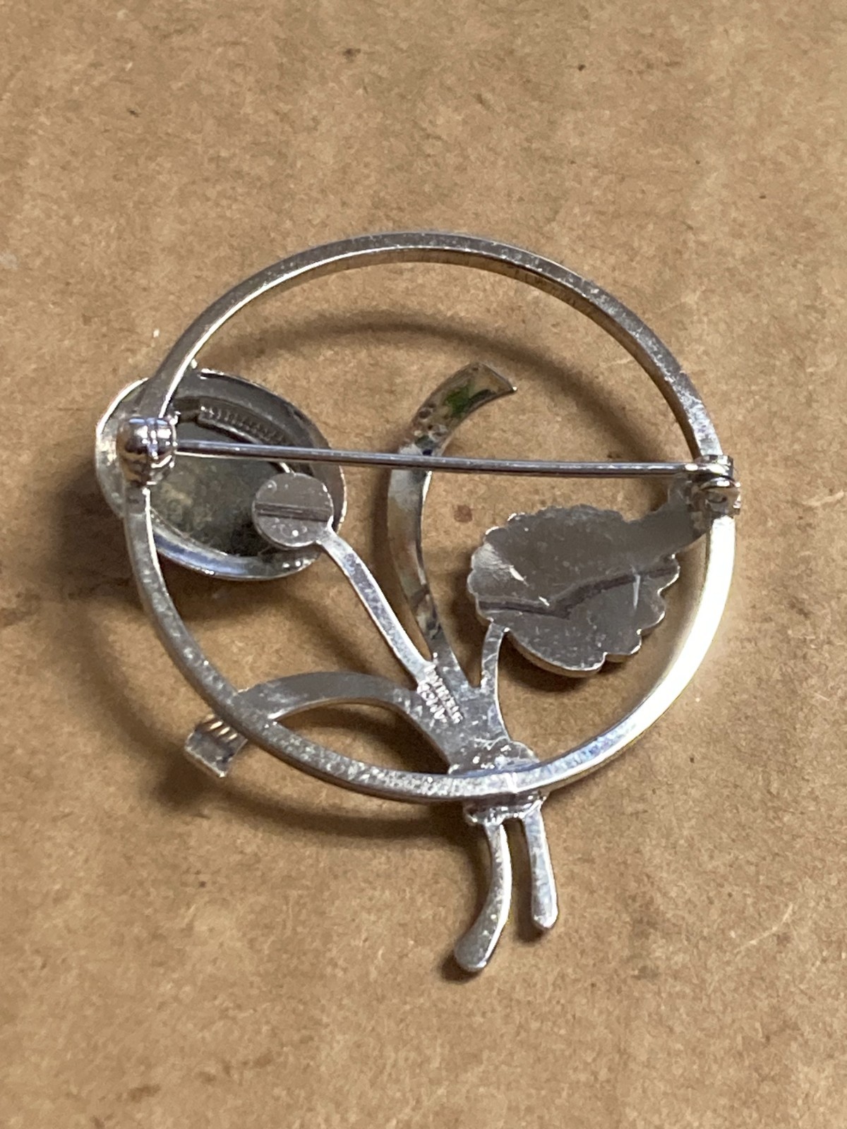 Vintage Marked AMCO Sterling Cameo Flower Leaf Brooch / Pin