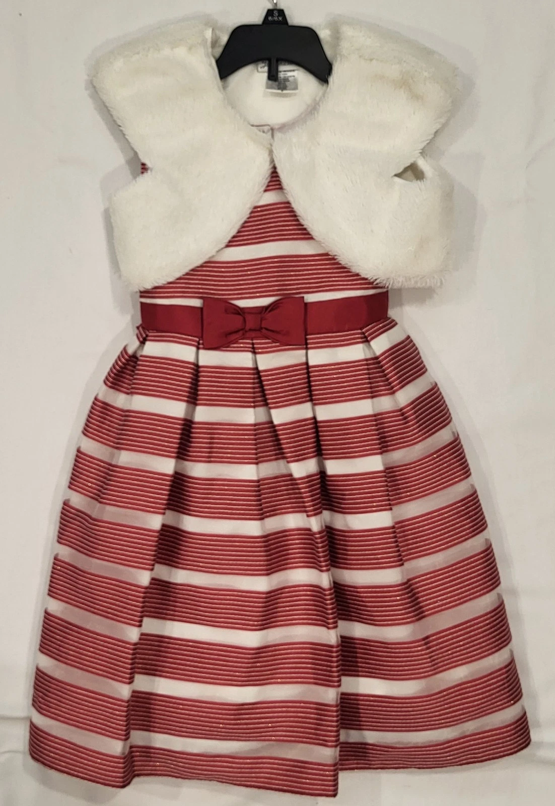 Jona Michelle Youth Girl's Size 6 Holiday Dress Red/White Stripe w/ Fur Jacket