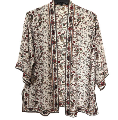 Max Studio Women Size L Beige Floral Light Weight Boho Chic open Cardigan