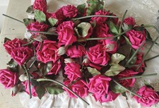 Vintage Millinery PINK ROSE w ROSEBUD Green Leaves On Stem LG Quantity Available