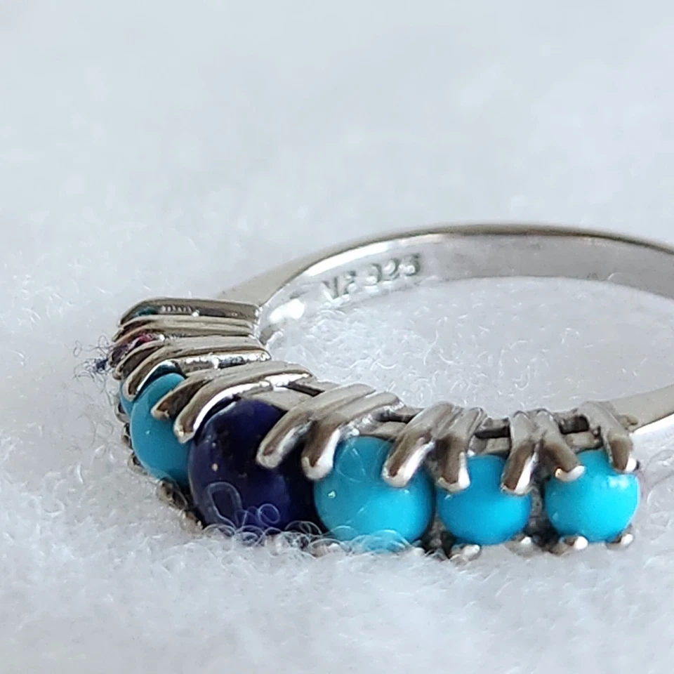 Кольцо из стерлингового серебра 925 пробы с лазуритом и бирюзой | размер 7 | 3 грамма винтажное - Изображение 3 из 4